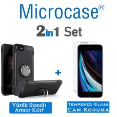 Microcase iPhone SE 2020 Yüzük Standlı Armor Silikon Kılıf - Siyah + Tempered Glass Cam Koruma