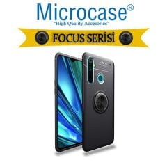 Microcase Realme 6i Focus Serisi Yüzük Standlı Silikon Kılıf - Siyah + Tempered Glass Cam Koruma