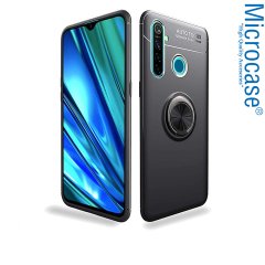 Microcase Realme 6i Focus Serisi Yüzük Standlı Silikon Kılıf - Siyah + Tempered Glass Cam Koruma