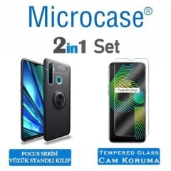 Microcase Realme 6i Focus Serisi Yüzük Standlı Silikon Kılıf - Siyah + Tempered Glass Cam Koruma