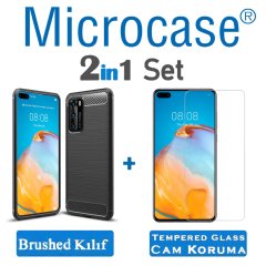 Microcase Huawei P40 Brushed Carbon Fiber Silikon Kılıf - Siyah + Tempered Glass Cam Koruma