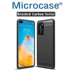 Microcase Huawei P40 Brushed Carbon Fiber Silikon Kılıf - Siyah + Tempered Glass Cam Koruma