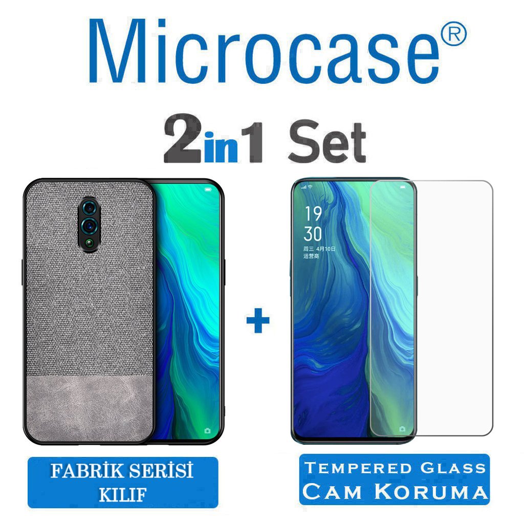 Microcase Oppo Reno Fabrik Serisi Kumaş ve Deri Desen Kılıf - Gri + Tempered Glass Cam Koruma
