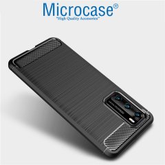 Microcase Huawei P40 Brushed Carbon Fiber Silikon Kılıf - Siyah + Tempered Glass Cam Koruma