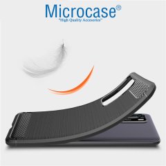 Microcase Huawei P40 Brushed Carbon Fiber Silikon Kılıf - Siyah + Tempered Glass Cam Koruma