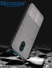 Microcase Oppo Reno Fabrik Serisi Kumaş ve Deri Desen Kılıf - Gri + Tempered Glass Cam Koruma