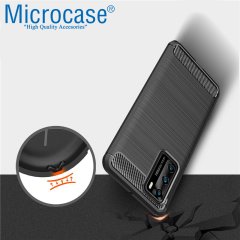 Microcase Huawei P40 Brushed Carbon Fiber Silikon Kılıf - Siyah + Tempered Glass Cam Koruma