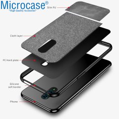 Microcase Oppo Reno Fabrik Serisi Kumaş ve Deri Desen Kılıf - Gri + Tempered Glass Cam Koruma