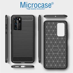 Microcase Huawei P40 Brushed Carbon Fiber Silikon Kılıf - Siyah + Tempered Glass Cam Koruma