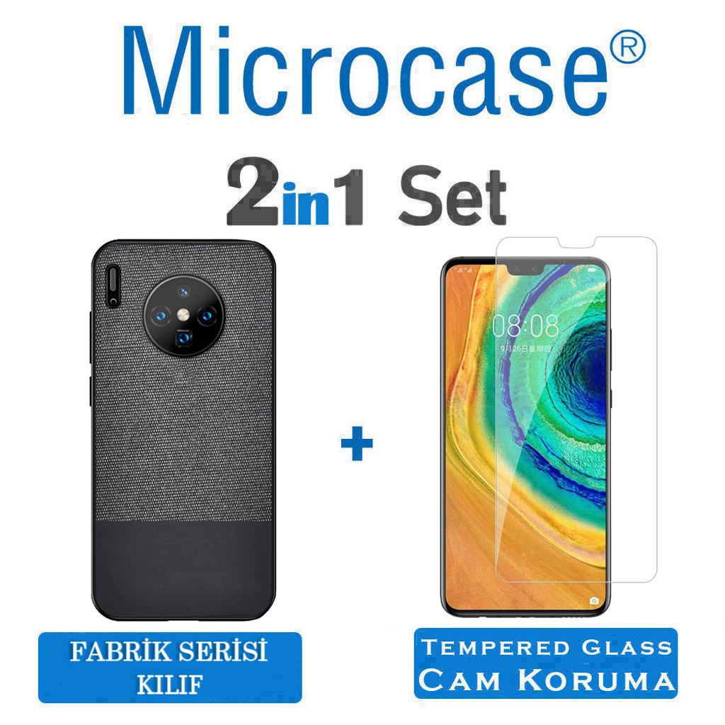 Microcase Huawei Mate 30 Fabrik Serisi Kumaş ve Deri Desen Kılıf - Siyah + Tempered Glass Cam Koruma