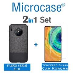 Microcase Huawei Mate 30 Fabrik Serisi Kumaş ve Deri Desen Kılıf - Siyah + Tempered Glass Cam Koruma
