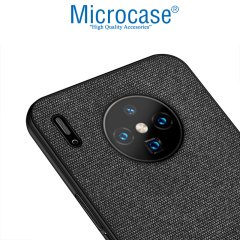 Microcase Huawei Mate 30 Fabrik Serisi Kumaş ve Deri Desen Kılıf - Siyah + Tempered Glass Cam Koruma