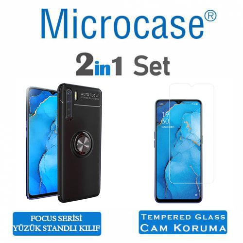 Microcase Oppo Reno 3 (4G) Focus Serisi Yüzük Standlı Silikon Kılıf - Siyah + Tempered Glass Cam Koruma