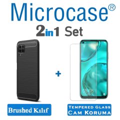 Microcase Huawei P40 Lite Brushed Carbon Fiber Silikon Kılıf - Siyah + Tempered Glass Cam Koruma