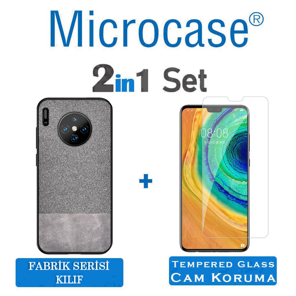 Microcase Huawei Mate 30 Fabrik Serisi Kumaş ve Deri Desen Kılıf - Gri + Tempered Glass Cam Koruma