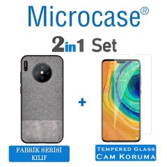 Microcase Huawei Mate 30 Fabrik Serisi Kumaş ve Deri Desen Kılıf - Gri + Tempered Glass Cam Koruma