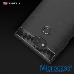 Sony Xperia L2 Brushed Carbon Fiber Silikon TPU Kılıf + Cam
