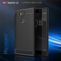 Sony Xperia L2 Brushed Carbon Fiber Silikon TPU Kılıf + Cam