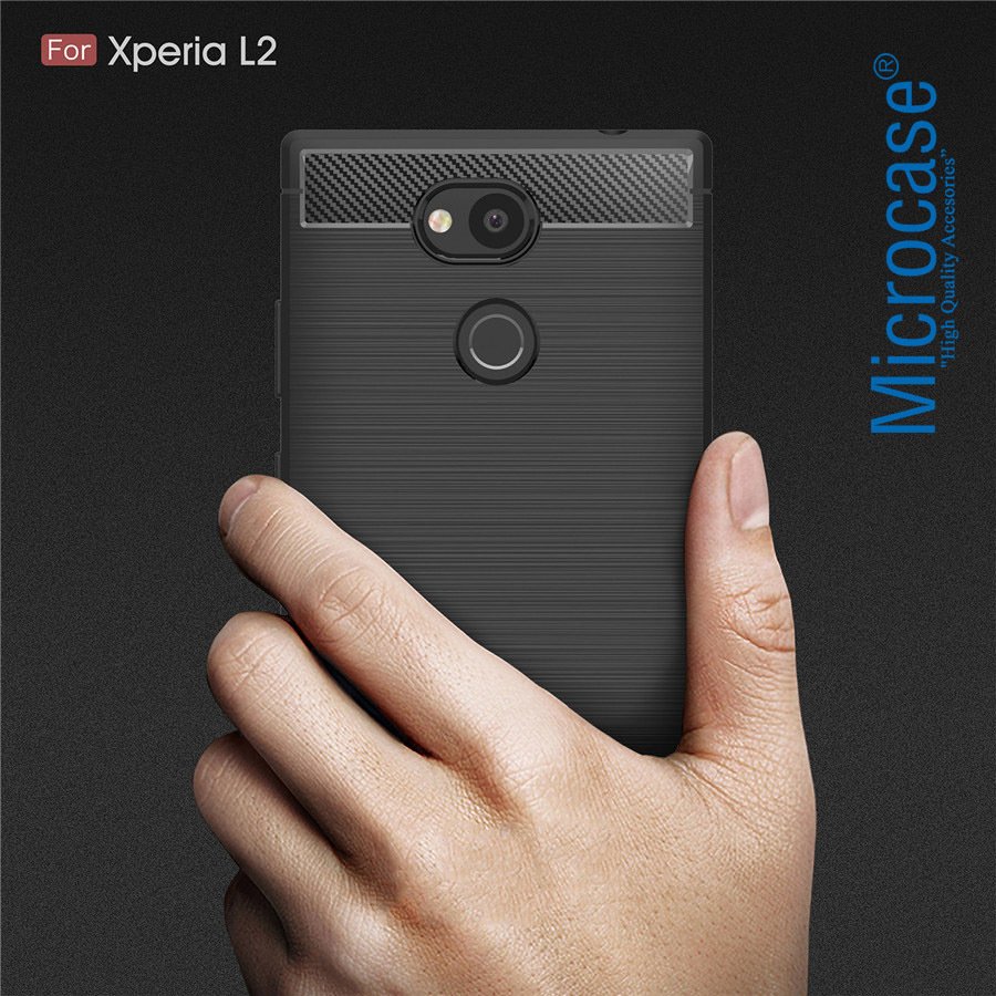 Sony Xperia L2 Brushed Carbon Fiber Silikon TPU Kılıf + Cam