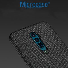 Microcase Oppo Reno 10x Zoom Fabrik Serisi Kumaş ve Deri Desen Kılıf - Siyah + Tempered Glass Cam Koruma
