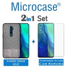 Microcase Oppo Reno 10x Zoom Fabrik Serisi Kumaş ve Deri Desen Kılıf - Gri + Tempered Glass Cam Koruma