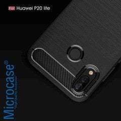 Huawei P20 Lite Brushed Carbon Fiber Silikon TPU Kılıf + Cam