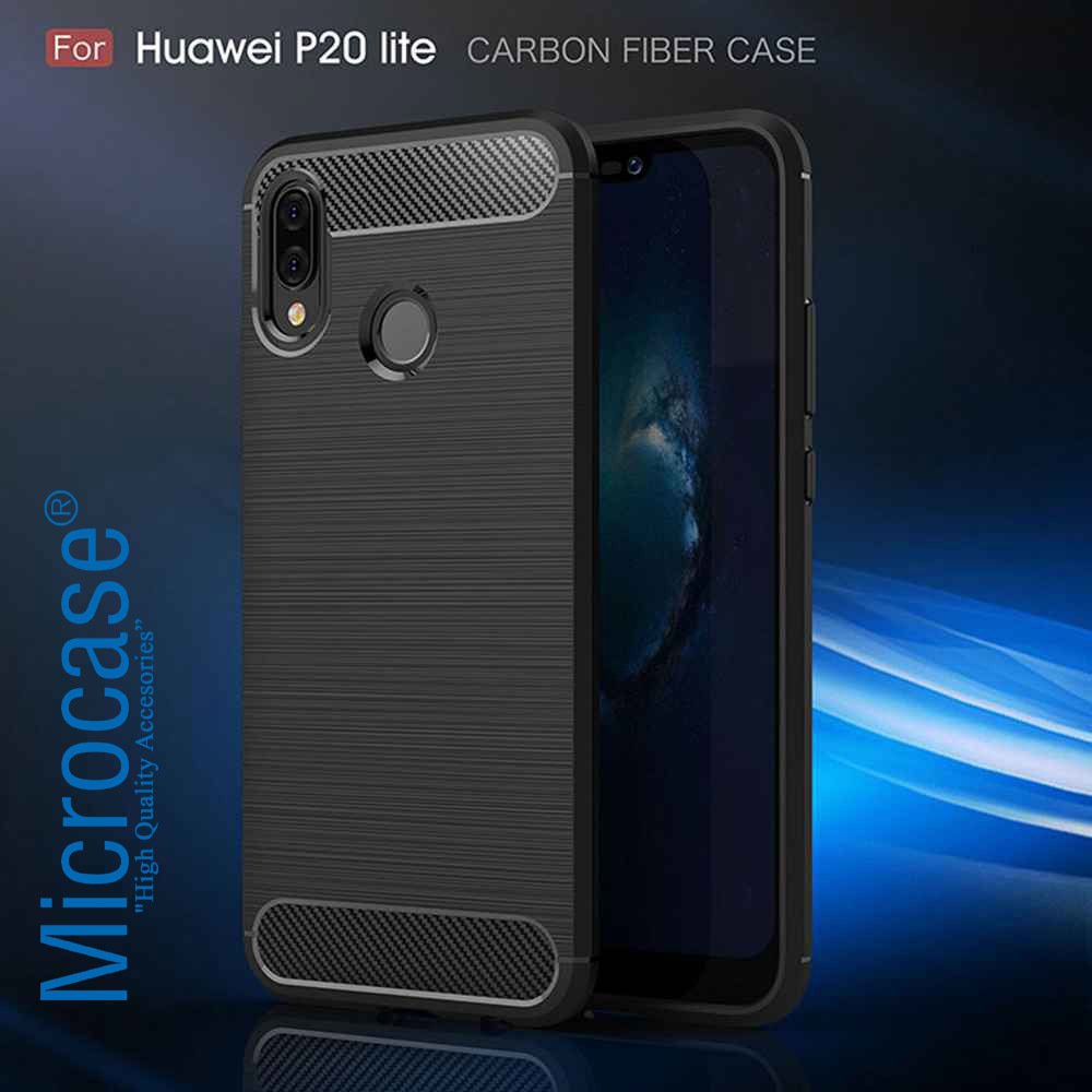 Huawei P20 Lite Brushed Carbon Fiber Silikon TPU Kılıf + Cam