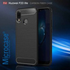 Huawei P20 Lite Brushed Carbon Fiber Silikon TPU Kılıf + Cam