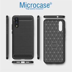 Huawei P20 Brushed Carbon Fiber Silikon TPU Kılıf (LACİVERT) +Cam