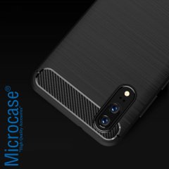 Huawei P20 Brushed Carbon Fiber Silikon TPU Kılıf (LACİVERT) +Cam