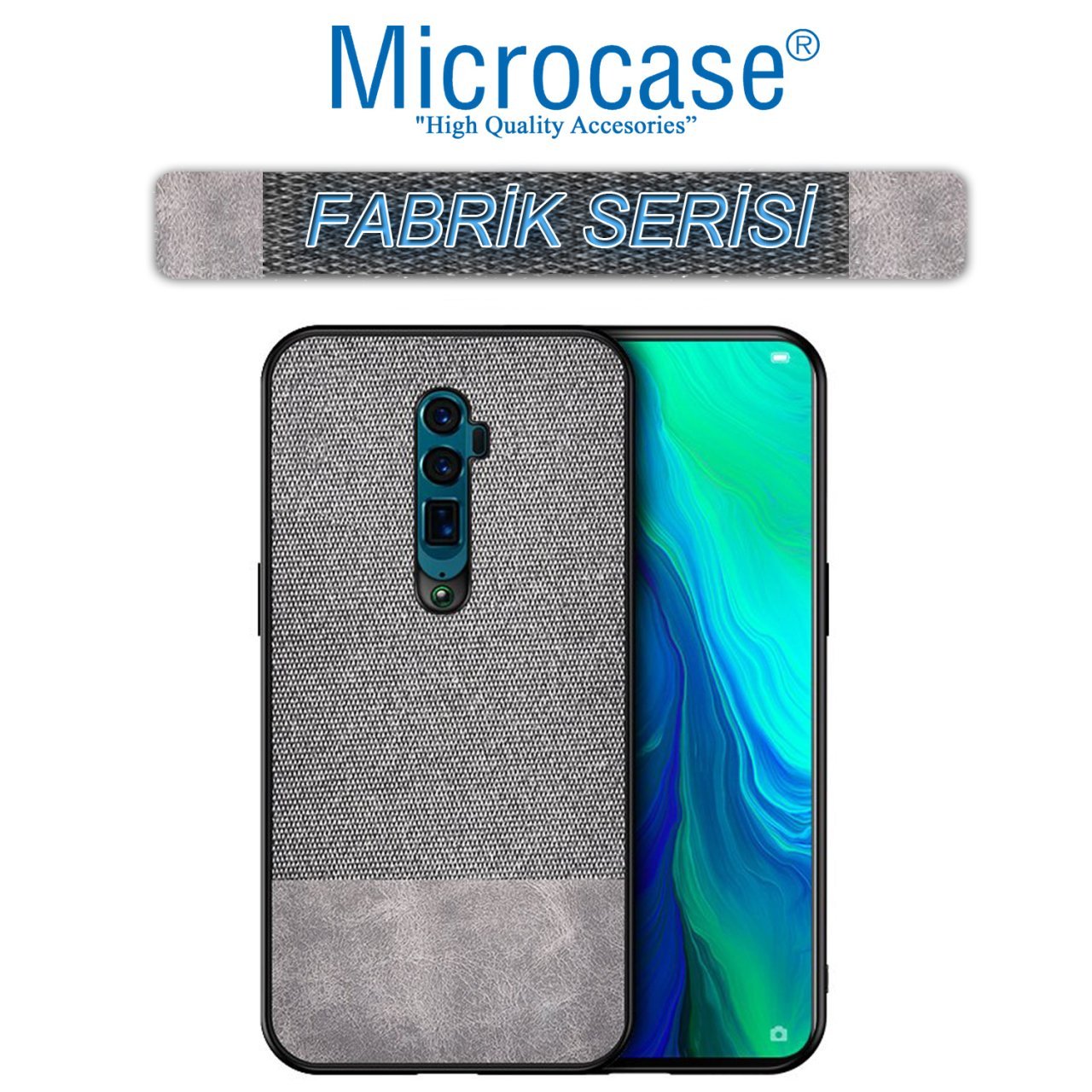 Microcase Oppo Reno 10x Zoom Fabrik Serisi Kumaş ve Deri Desen Kılıf - Gri