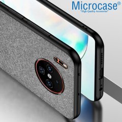 Microcase Huawei Mate 30 PRO Fabrik Serisi Kumaş ve Deri Desen Kılıf - Gri + Tempered Glass Cam Koruma