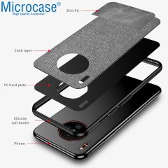 Microcase Huawei Mate 30 PRO Fabrik Serisi Kumaş ve Deri Desen Kılıf - Gri + Tempered Glass Cam Koruma