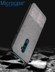 Microcase Oppo Reno 10x Zoom Fabrik Serisi Kumaş ve Deri Desen Kılıf - Gri