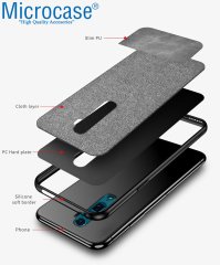 Microcase Oppo Reno 10x Zoom Fabrik Serisi Kumaş ve Deri Desen Kılıf - Gri