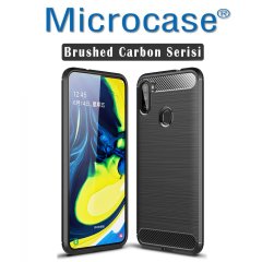 Microcase Samsung Galaxy A11 Brushed Carbon Fiber Silikon Kılıf - Siyah + Tempered Glass Cam Koruma