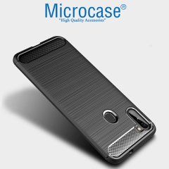 Microcase Samsung Galaxy A11 Brushed Carbon Fiber Silikon Kılıf - Siyah + Tempered Glass Cam Koruma