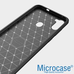Microcase Samsung Galaxy A11 Brushed Carbon Fiber Silikon Kılıf - Siyah + Tempered Glass Cam Koruma