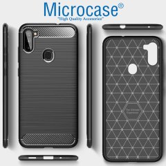 Microcase Samsung Galaxy A11 Brushed Carbon Fiber Silikon Kılıf - Siyah + Tempered Glass Cam Koruma