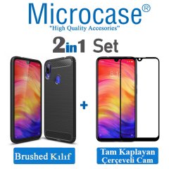 Xiaomi Redmi Note 7 Pro Brushed Kılıf + Tam Kaplayan Çerçeve Cam