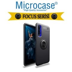 Microcase Huawei Nova 5T - Honor 20 Focus Serisi Yüzük Standlı Silikon Kılıf - Siyah + Tempered Glass Cam Koruma