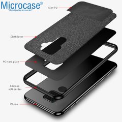 Microcase Huawei Mate 30 Lite Fabrik Serisi Kumaş ve Deri Desen Kılıf - Siyah + Tempered Glass Cam Koruma