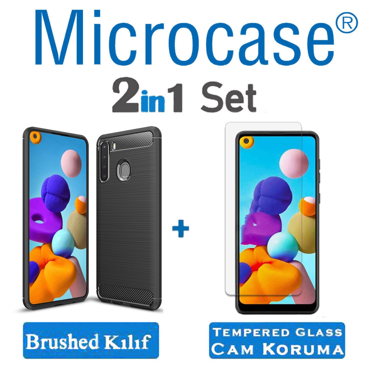 Microcase Samsung Galaxy A21 Brushed Carbon Fiber Silikon Kılıf - Siyah + Tempered Glass Cam Koruma