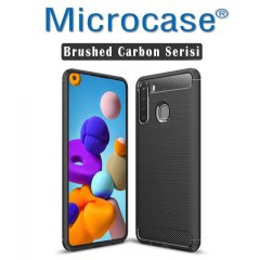 Microcase Samsung Galaxy A21 Brushed Carbon Fiber Silikon Kılıf - Siyah + Tempered Glass Cam Koruma