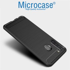 Microcase Samsung Galaxy A21 Brushed Carbon Fiber Silikon Kılıf - Siyah + Tempered Glass Cam Koruma