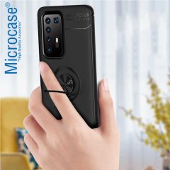 Microcase Huawei P40 Focus Serisi Yüzük Standlı Silikon Kılıf - Siyah