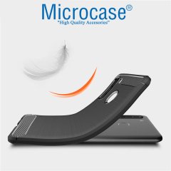Microcase Samsung Galaxy A21 Brushed Carbon Fiber Silikon Kılıf - Siyah + Tempered Glass Cam Koruma