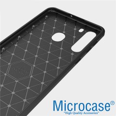 Microcase Samsung Galaxy A21 Brushed Carbon Fiber Silikon Kılıf - Siyah + Tempered Glass Cam Koruma