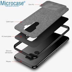Microcase Huawei Mate 30 Lite Fabrik Serisi Kumaş ve Deri Desen Kılıf - Gri + Tempered Glass Cam Koruma