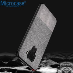 Microcase Huawei Mate 30 Lite Fabrik Serisi Kumaş ve Deri Desen Kılıf - Gri + Tempered Glass Cam Koruma